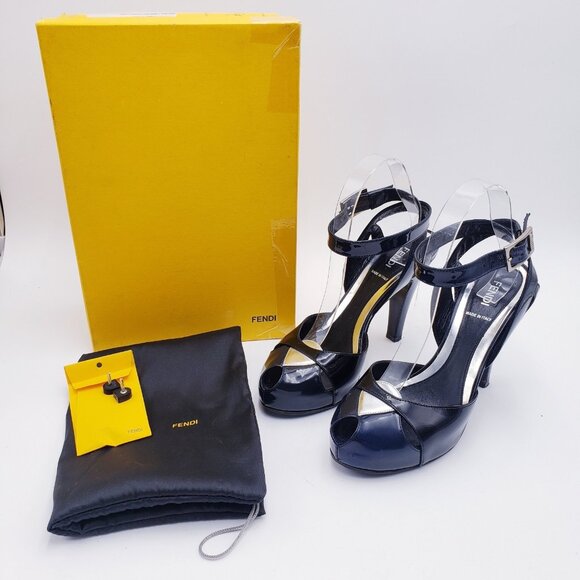 Fendi Black and Blue Patent Leather Peep Toe Platform Ankle Wrap Sandals Size 8 - Picture 1 of 12